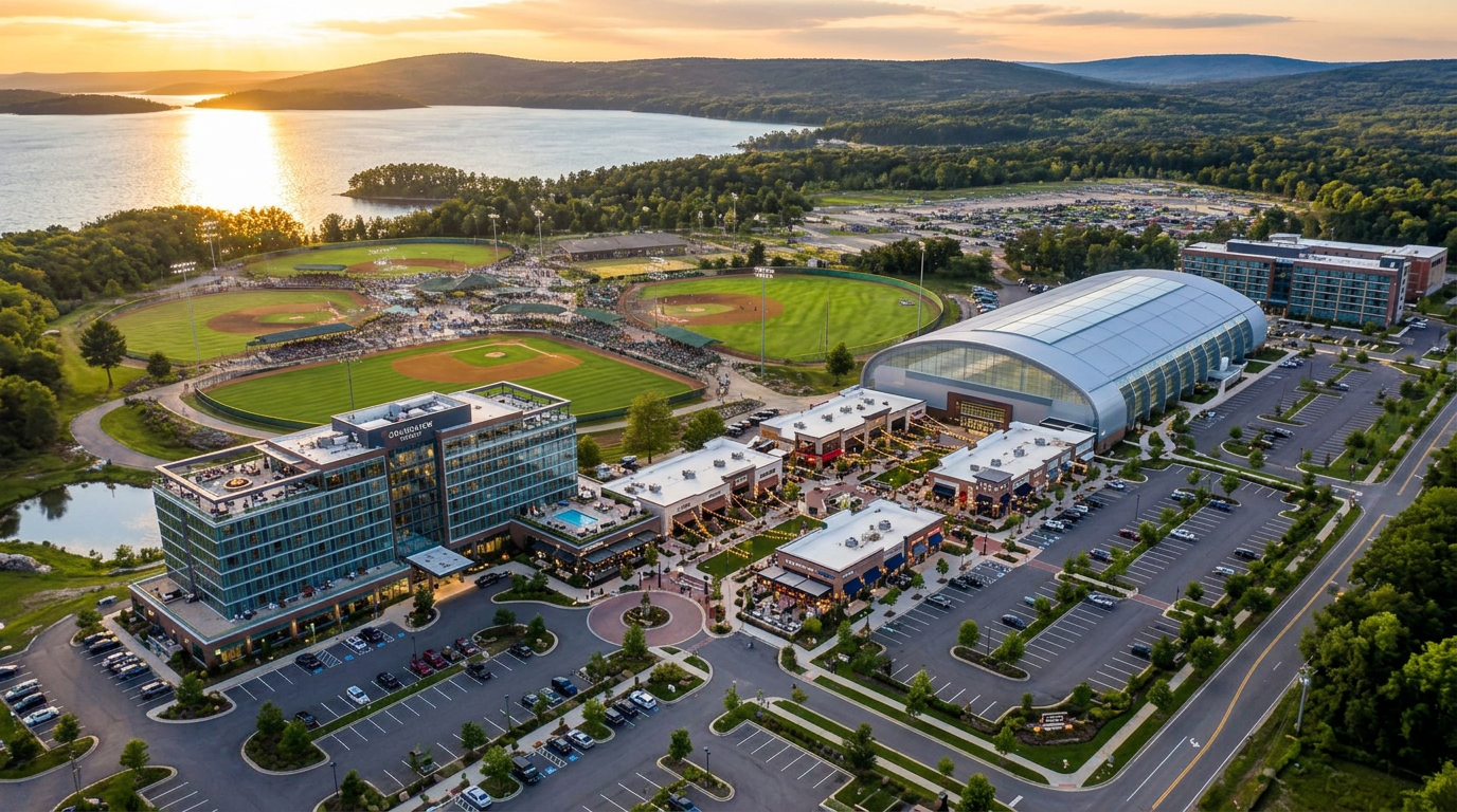 Aerial rendering of the fully developed Ballparks National campus with sports complex, hotels, and retail village