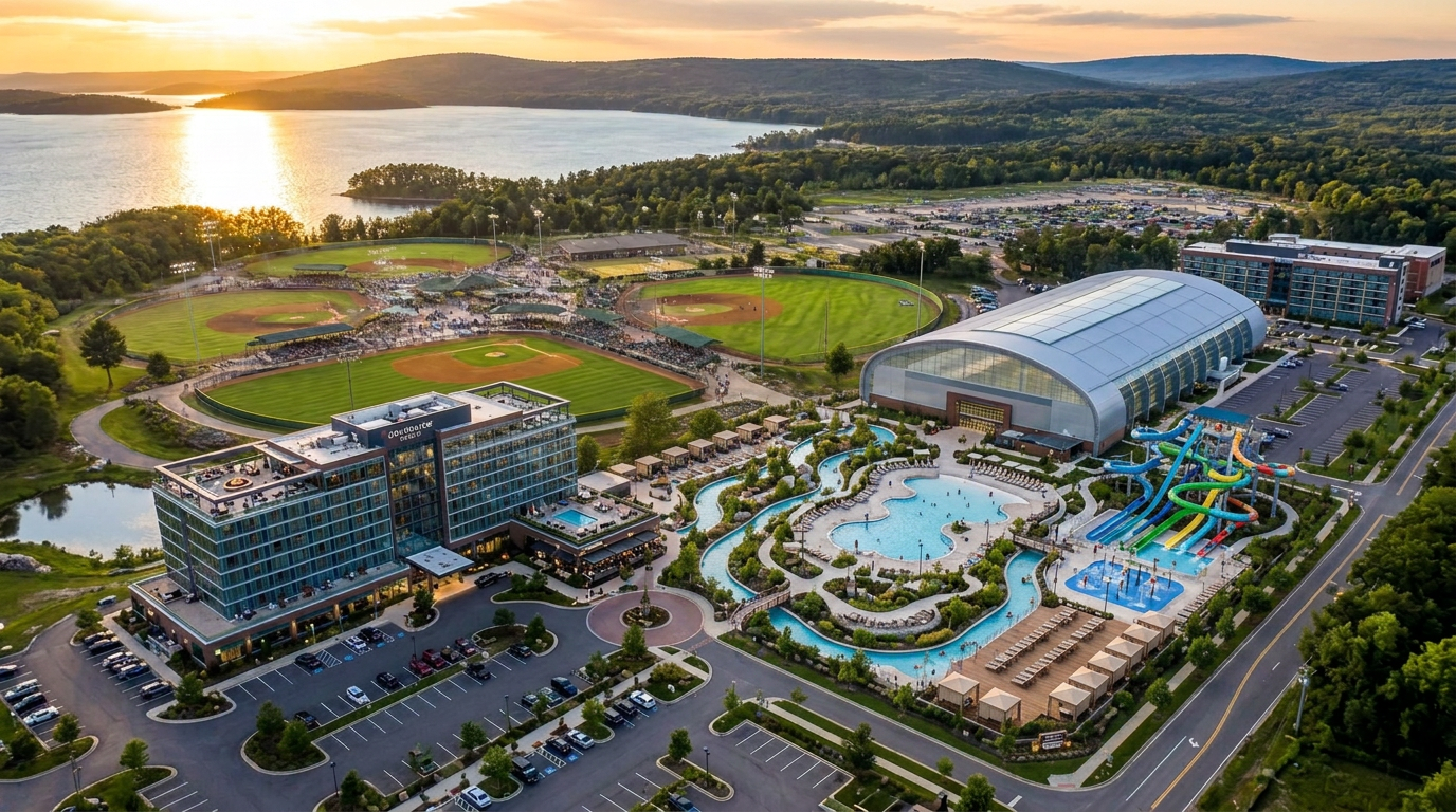 Ballparks National master plan Option B — the fully developed campus with an added resort water park, winding lazy river, water slides and cabana decks
