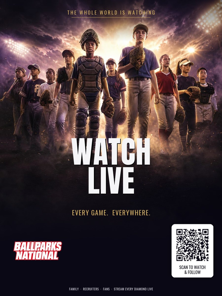 Watch Live — Ballparks National blockbuster movie poster with QR code